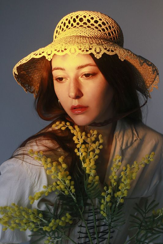 girl, model, mimosa, flowers, spring, fashion, hat, studio, portrait, photography, портрет, фотография, мимоза, весна Mariannaphoto preview