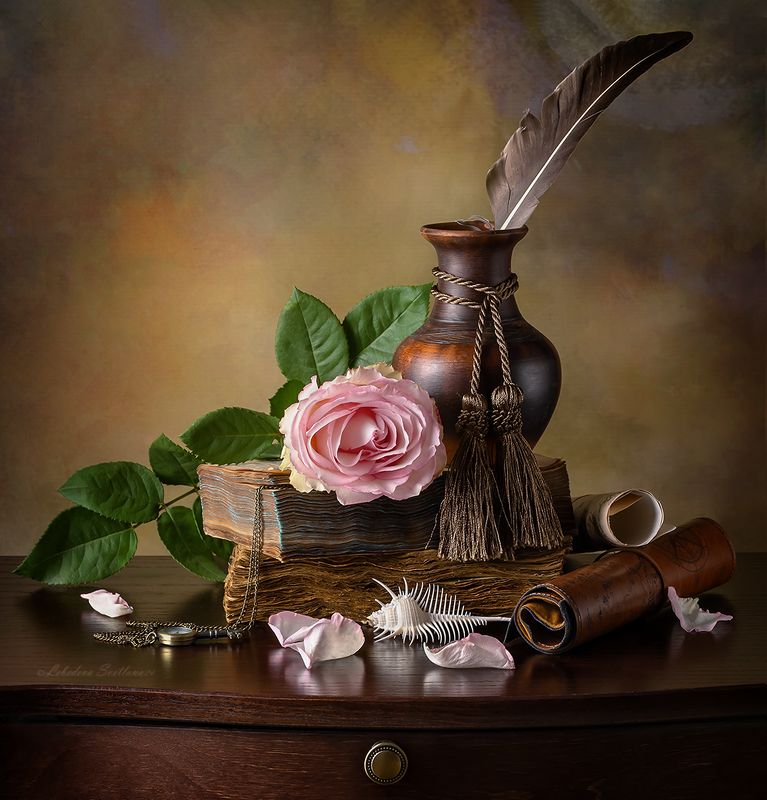 роза,перо,натюрморт С розовой розойphoto preview