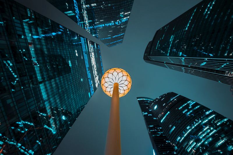 architecture, night, line, building, moscow, russia, urban, city, light, skyscraper Ночное солнце городаphoto preview