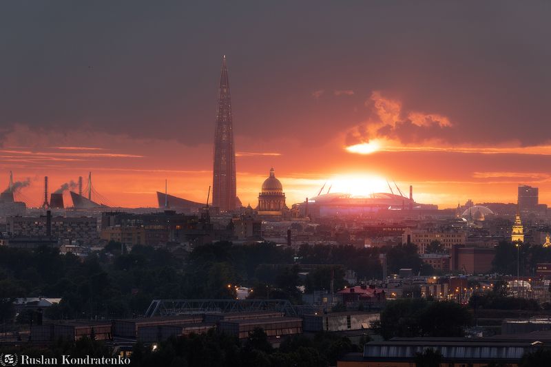 санкт-петербург, закат, лахта-центр, лахта, небоскреб, прострел, мост, исаакиевский собор, собор, зенит арена, газпром арена, композитная фотография, time blending Панорама Петербургаphoto preview