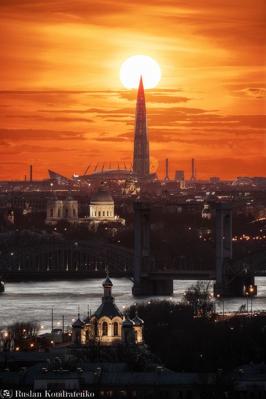 санкт-петербург, закат, лахта-центр, лахта, небоскреб, прострел, зенит арена, газпром арена, александро-невская лавра, композитная фотография, time blending Закат над Санкт-Петербургомphoto preview