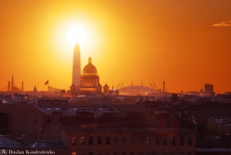 санкт-петербург, закат, исаакиевский собор, лахта-центр, лахта, небоскреб, прострел, зенит арена, газпром арена, композитная фотография, time blending Закат над Санкт-Петербургомphoto preview