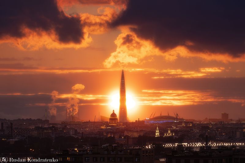 санкт-петербург, закат, исаакиевский собор, лахта-центр, лахта, небоскреб, прострел, зенит арена, газпром арена, композитная фотография, time blending Лахта-Центр, Исаакиевский собор и Газпром аренаphoto preview