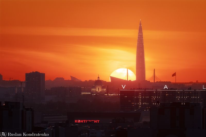 санкт-петербург, закат, лахта-центр, лахта, небоскреб, прострел, зенит арена, вантовый мост, зсд, троицкий собор, композитная фотография, time blending Закат над Санкт-Петербургомphoto preview
