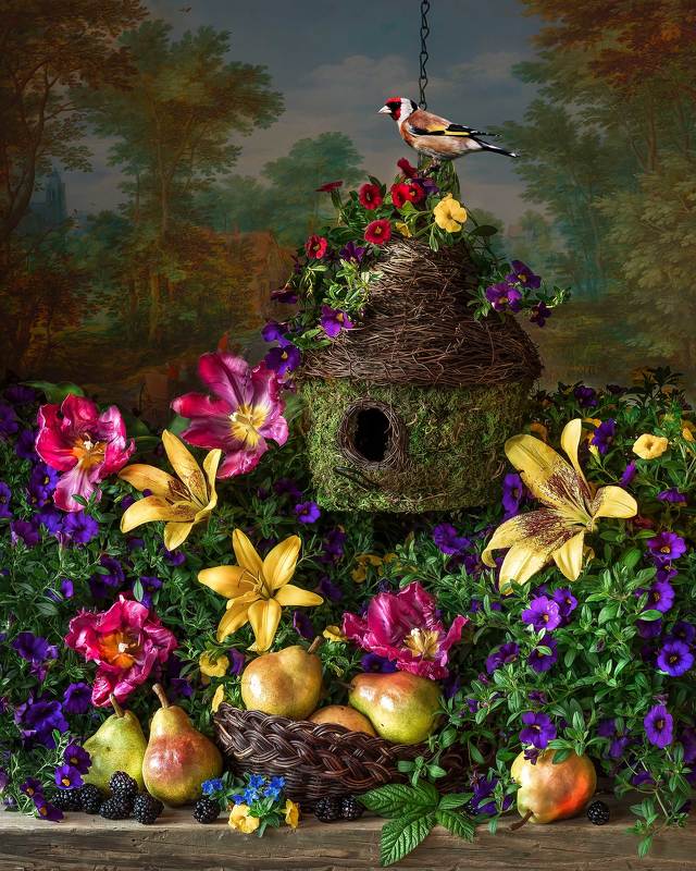 gold finch, lilies, birds, botanical art, still life photography, bird feeder, spring flowers, pears Garden Fantasyphoto preview