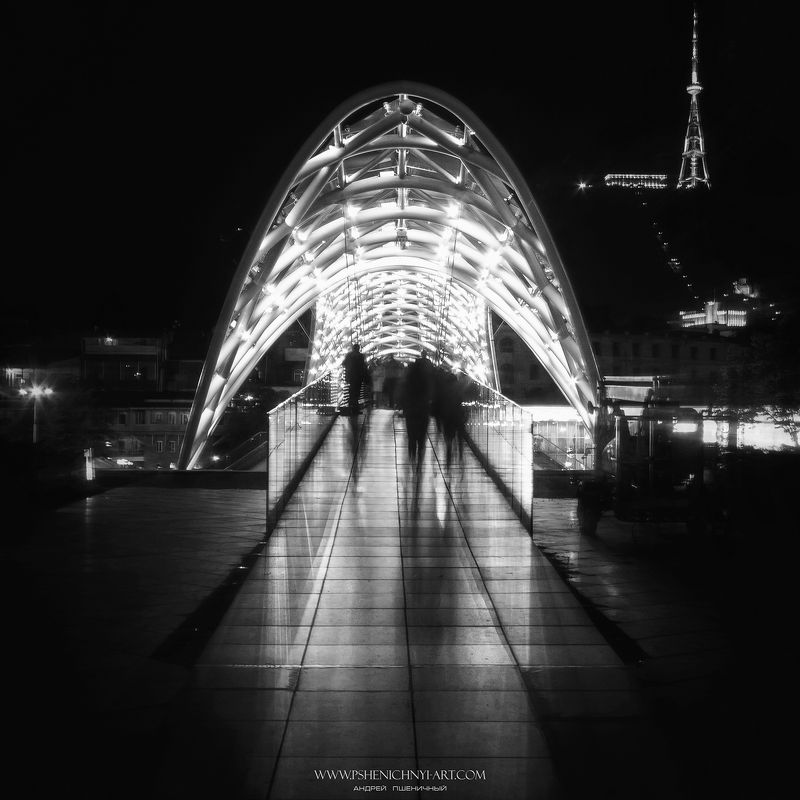архитектура, мост, силуэты, современная архитектура, параметрика, тбилиси, чёрно-белое, ночной город Призрачные силуэтыphoto preview
