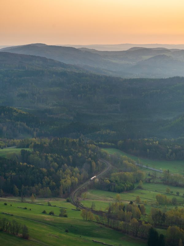 lusatian mountains,czechia,view,forest,train,sunrise,morning,klic, Morning train through the Lusatian mountainsphoto preview