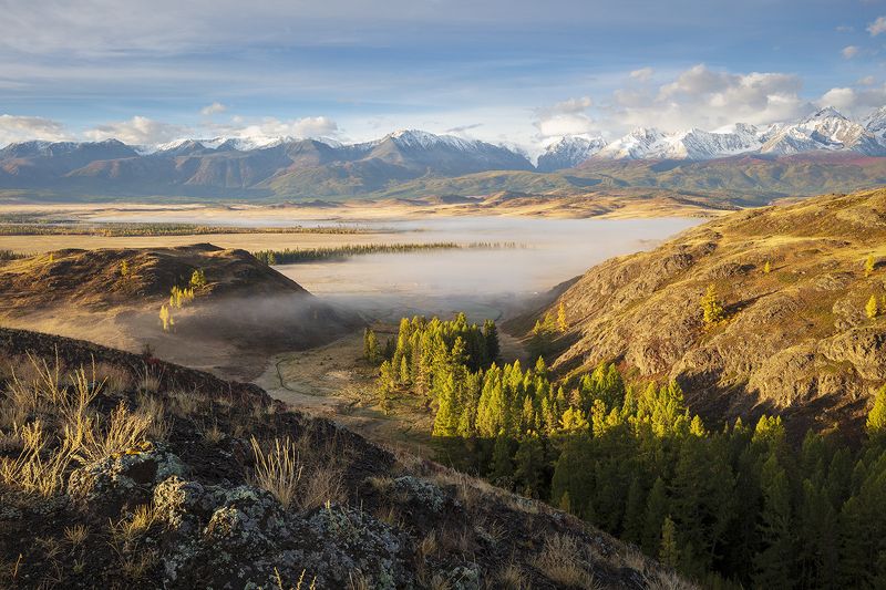 россия, алтай, горный алтай, курай, курайская степь,, чуя, туман, горы, пейзаж, Осенним утром.photo preview