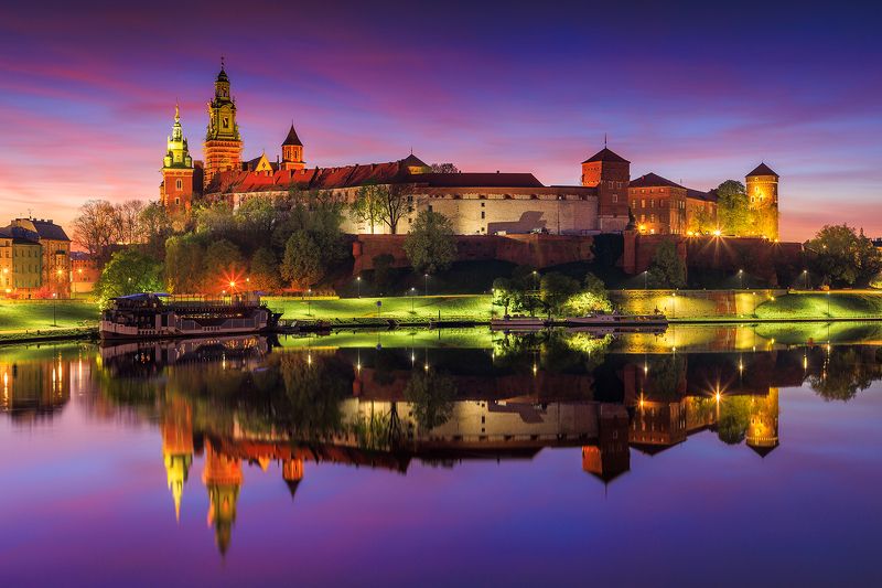 kraków, polska, poland, wawel castle, night,reflection, river, sunset, architecture Kraków, Wawel Castlephoto preview