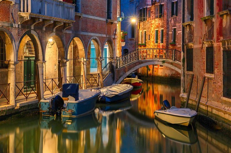 canal, Venice, venezia, venetian, River, Italy, italian, bridge, night, street, light, illuminating, houses, docked, boats, travel, gondola, europe, european, landscape, landmark, romantic, beautiful, evening, illumination, lighting, reflection Venetian canal at nightphoto preview