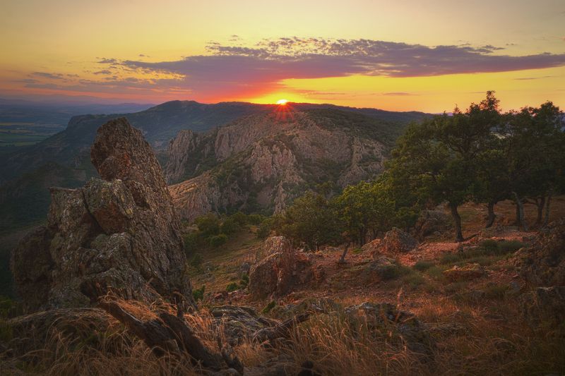 landscape, sunset, Rhodopes, Bulgaria, mountain, sun, rocks, trees, soft colors Rhodopes sunsetphoto preview