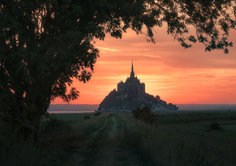 франция, нормандия, мон-сен-мишель, мон сен мишель, закат, рассвет, вечер, утро, восход, замок, крепость, остров, река, тропа, mont-saint-michel, mont saint michel, france, sunset, sunrise, sun, morning, island, fortress, abbey, rural, mont saint-michel Мон-Сен-Мишель / Mont-Saint-Michel фото превью