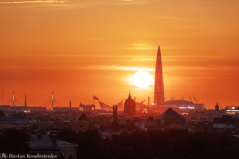 санкт-петербург, закат, лахта-центр, лахта, небоскреб, прострел, зенит арена, газпром арена, казанский собор, композитная фотография, time blending Закат над Санкт-Петербургомphoto preview