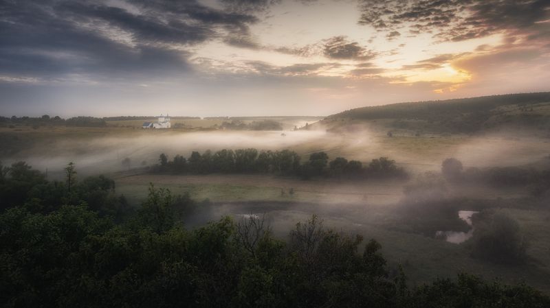 туман, закат, вечер Вечерний туман фото превью