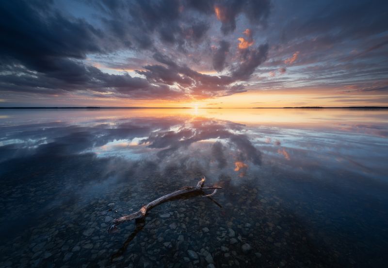 пейзаж, солнце, закат, небо, красота, вода, отражение, дубна На закатеphoto preview