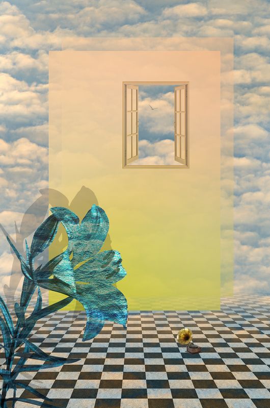 blue, cloud, clouds, collage, color, colors, concept, conceptual, digital, digital art, editing, flower, gramophone, photo collage, photography, sky, surreal, surrealism, window, Future Dream Opening Scenephoto preview