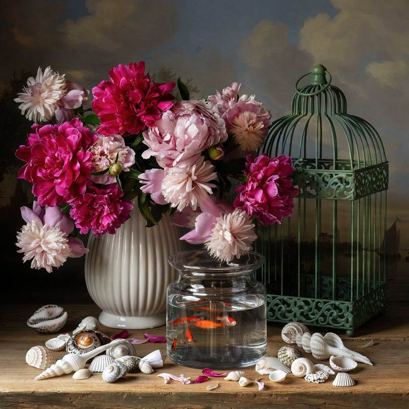 goldfish, peonies, still life photography Still Life with Peonies and Goldfishphoto preview