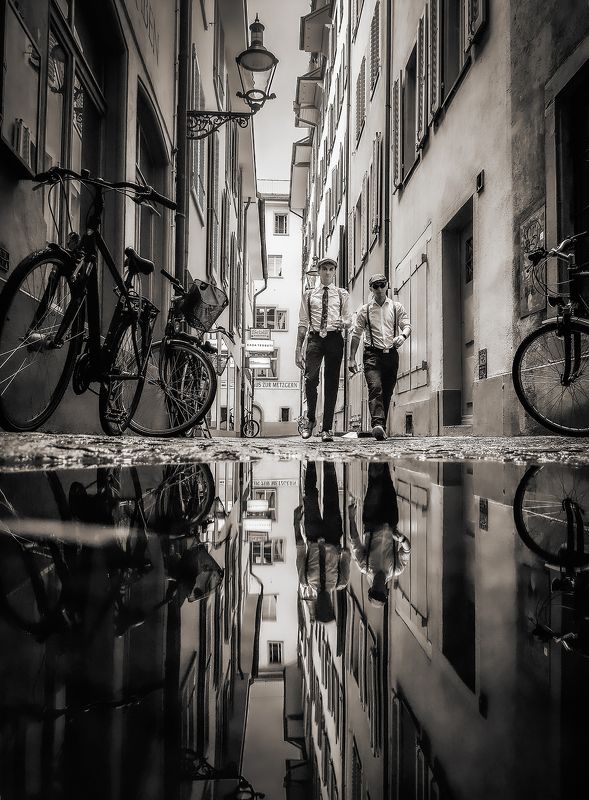#street #reflection #man #Switzerland #travel reflection in Luzernphoto preview