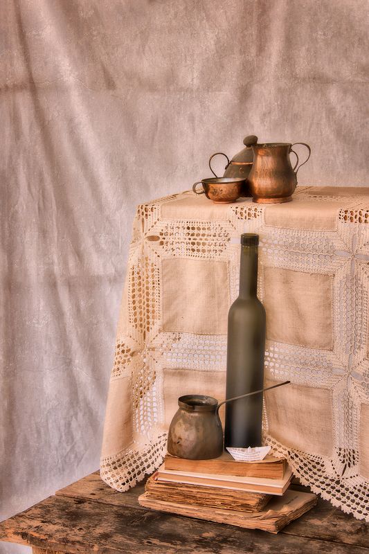 coffee, color, colors, concept, conceptual, copper, digital, digital art, editing, photography, set, still life, studio, Composition with Copper Coffee Setphoto preview