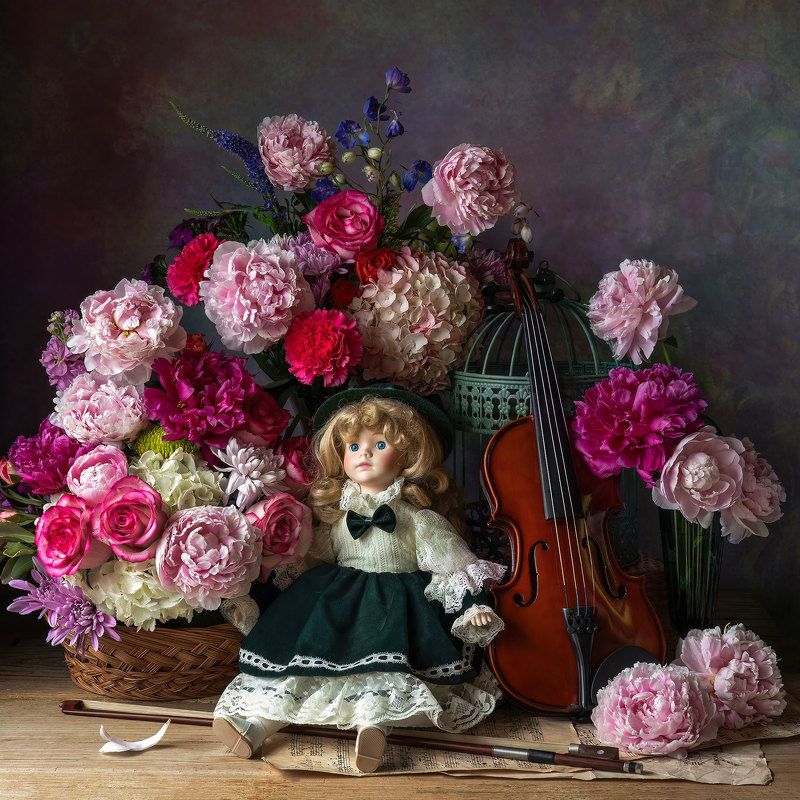 foral art, doll, vintage, violin, peonies, flowers, still life photography English Doll and Violinphoto preview