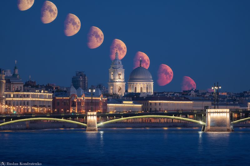 санкт-петербург, луна, церковь святой екатерины, нева, секвенция, секвенция с луной Секвенция Захода Луны за Церковью Святой Екатериныphoto preview