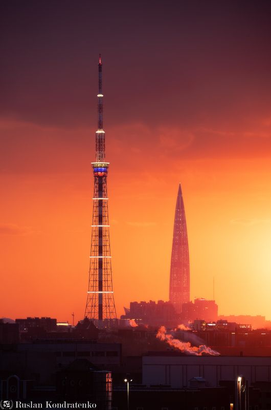 санкт-петербург, закат, лахта-центр, лахта, небоскреб, прострел, телевышка, телебашня, композитная фотография, time blending Телебашня и Лахта-Центрphoto preview