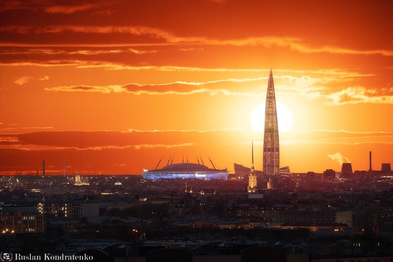 санкт-петербург, закат, лахта-центр, лахта, небоскреб, прострел, газпром-арена, петропавловский собор, петропавловская крепость, композитная фотография, time blending Панорама Петербургаphoto preview