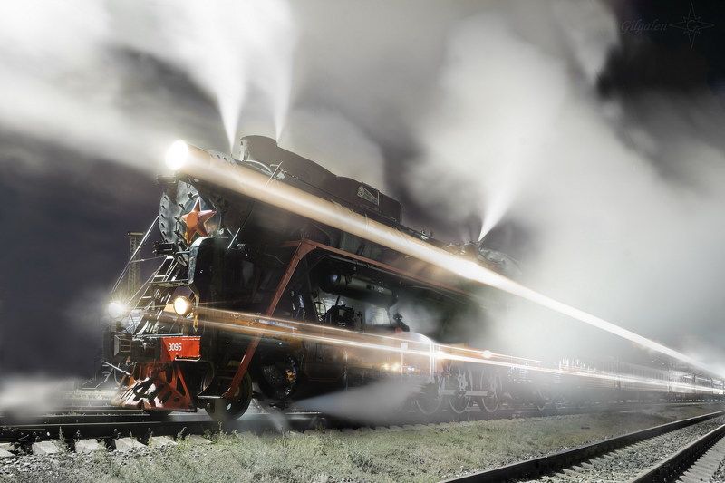 паровоз;, ночной, пейзаж;, движение;, лебедянка Заповедник минувшей эпохи (серия). Ночной экспрессphoto preview