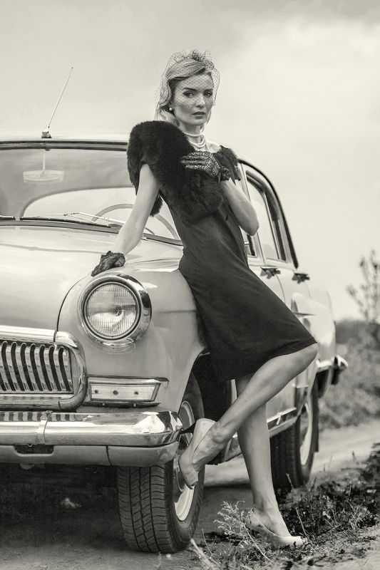 девушка, модель, портрет, гламур, мода, ретро, автомобиль, волга ***photo preview