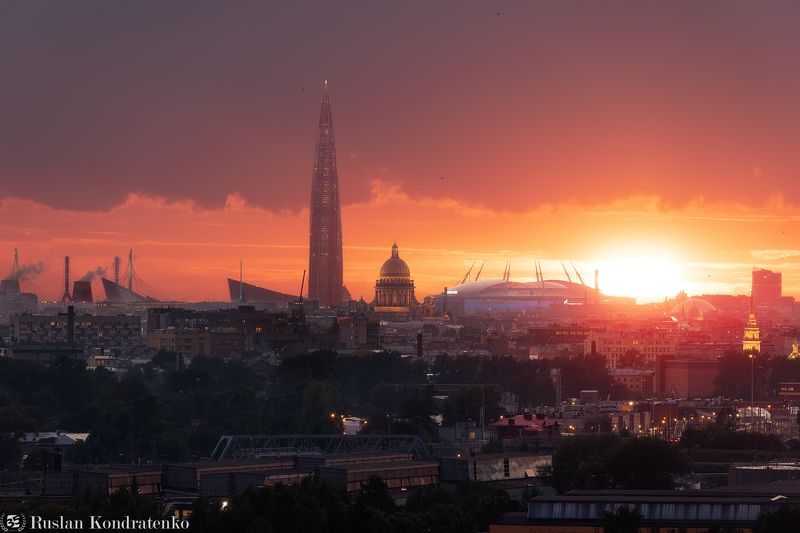 санкт-петербург, закат, лахта-центр, лахта, небоскреб, прострел, мост, исаакиевский собор, собор, зенит арена, газпром арена, композитная фотография, time blending Панорама Петербургаphoto preview