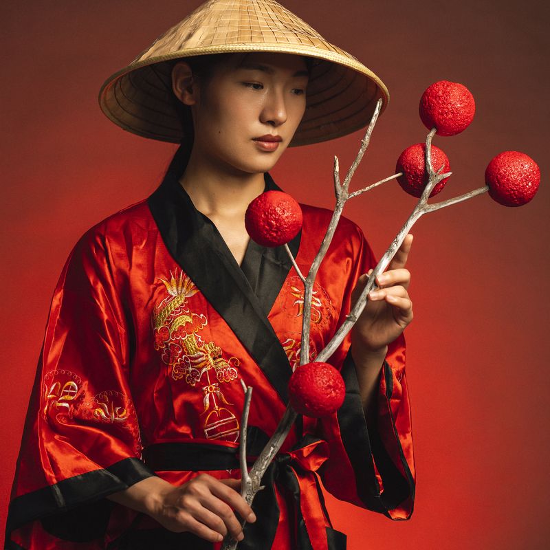 art, beautiful woman, bauty, branch, chinese girl, creative, dreaminess, elegance, fashion, female, femininity, front view, hat, individuality, indoors, lifestyles, looking, one person, portrait, pose, studio shot, traditional clothing, young woman Tangerine Dream фото превью