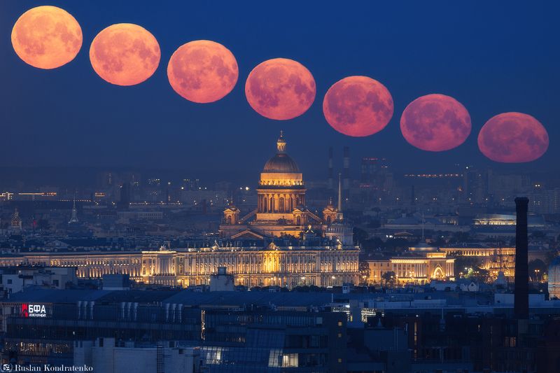 санкт-петербург, луна, полнолуние, восход луны, прострел, исаакиевский собор, исаакиевский, церковь, екатерининская церковь, мост бетанкура, секвенция Секвенция захода Луны над Исаакиевским соборомphoto preview