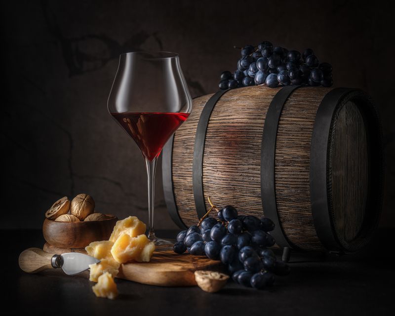 вино, бокал, виноград, сыр, бочка, натюрморт, орехи photo preview