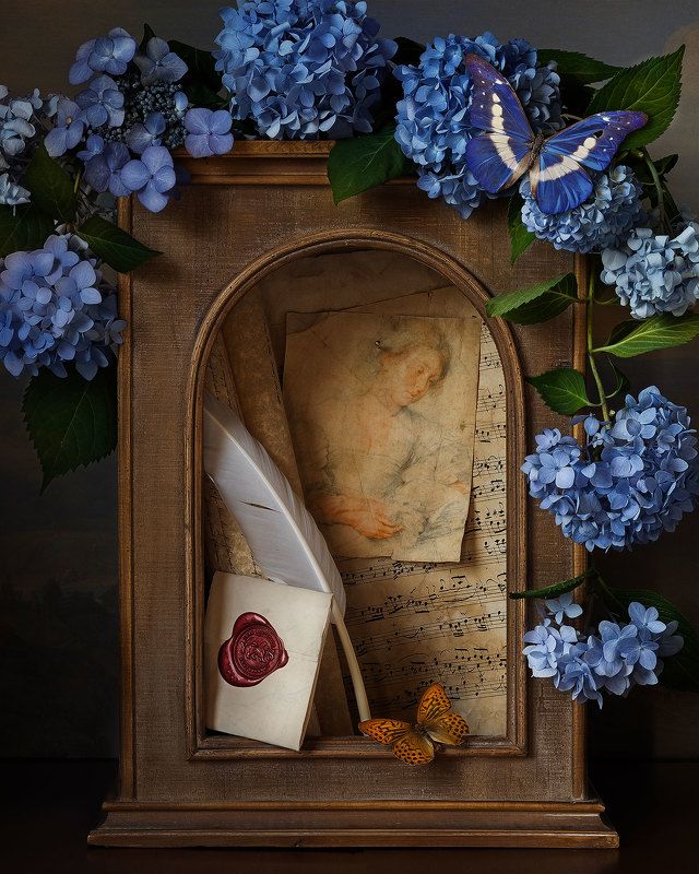 still life photography, romantic, butterfly, hydrangea, rubens, love letter The Love Letterphoto preview