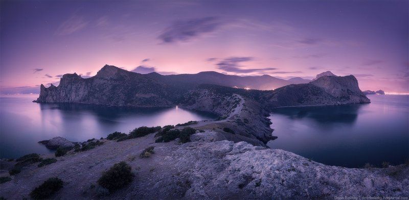 Пейзаж, горы, море, закат, ночь, сумерки, небо, скалы, вода, Новый Свет, Крым, облака, панорама Летние сумерки в Новом Светеphoto preview