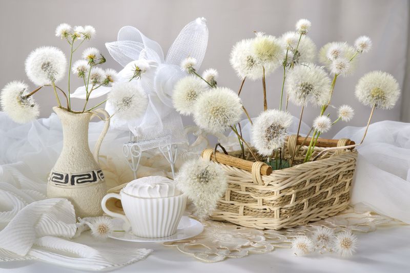 нвтюрморт, цветы, одуванчики, ваза, салфетка Одуванчикиphoto preview