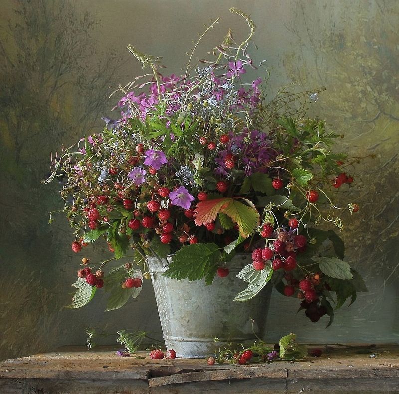 натюрморт, цветы, полевые цветы, лето, марина филатова, земляника, ягоды Лето пахнет земляникой фото превью