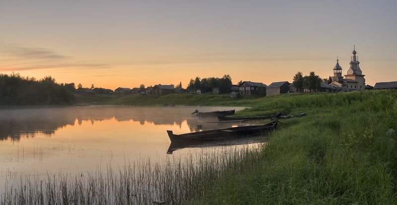 лето, утро, река, деревня, колокольня, церковь, баня photo preview