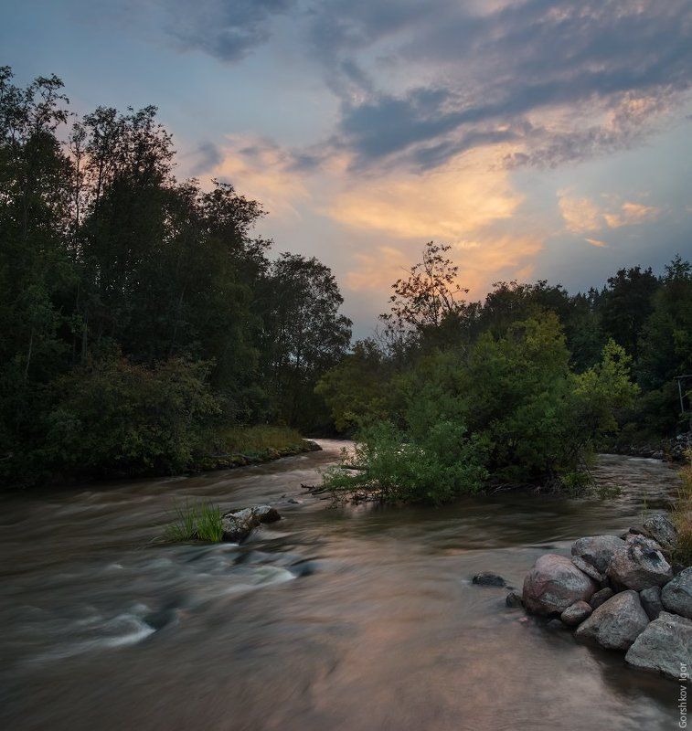 закат, камни, карелия, ладога, лес, лето, небо, облака, панорама, пейзаж, пороги, река Закат на Асиланйокиphoto preview