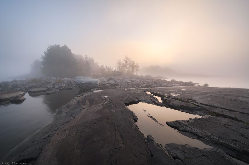 ладога, туман, ладожские шхеры, карелия, северное приладожье, скалистые острова, сосны, золотая осень, каменный пляж, луды \