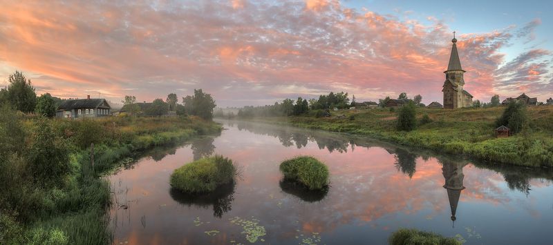 осень, утро, река, деревня, церковь photo preview