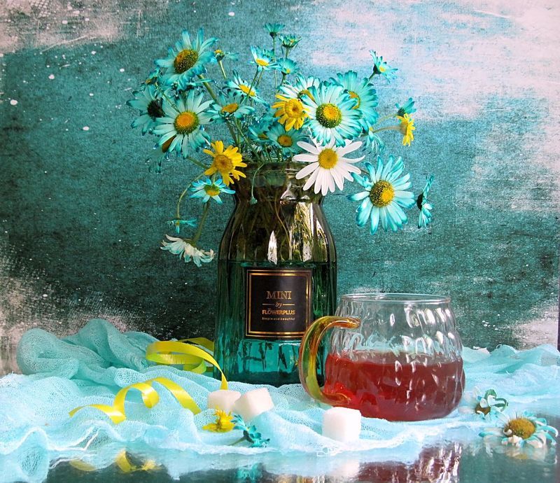 цветы, букет, ромашки Бирюзовый сюрphoto preview