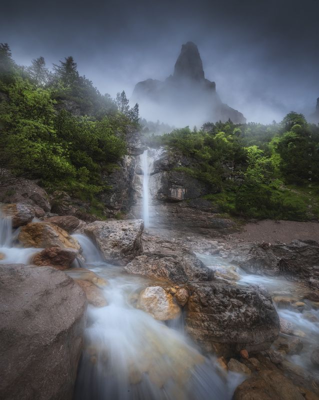 dolomiti, dolomites, sunrise, landscape, sky, sun, mountains, clouds, trees, italy, forest, waterfall, longexpo Sentinelphoto preview
