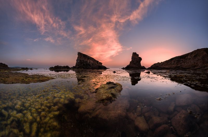 sea, rocks, landscape, morning, sunrise, bulgaria, two ships Two ships: calm morningphoto preview