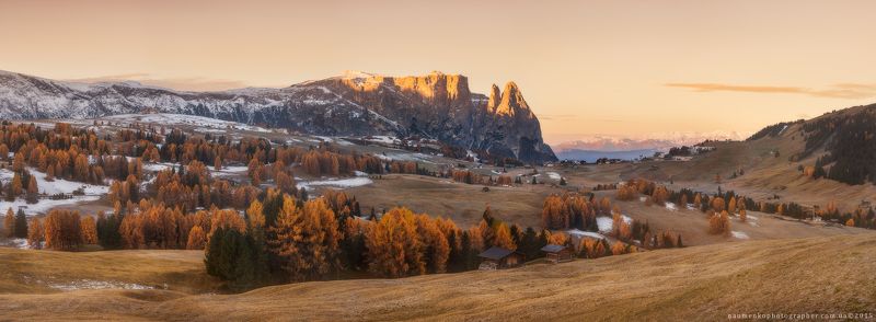 горы,доломиты,италия,лиственница,осень,панорама,свет,утро,alpe di siusi Италия. Доломиты. Утроо на плато ALPE DI SIUSI.photo preview