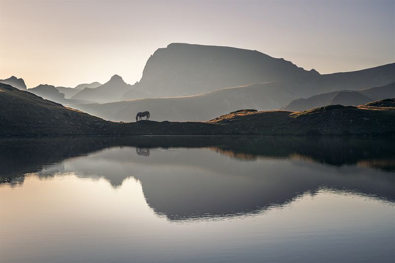 landscape nature scenery lake light sunlight morning sunrise peak reflections view sky mountain rila пейзаж озеро горы рассвет Quiet morning фото превью