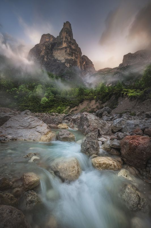 dolomiti, dolomites, sunrise, landscape, sky, sun, mountains, clouds, trees, italy, forest, waterfall, longexpo The Towerphoto preview