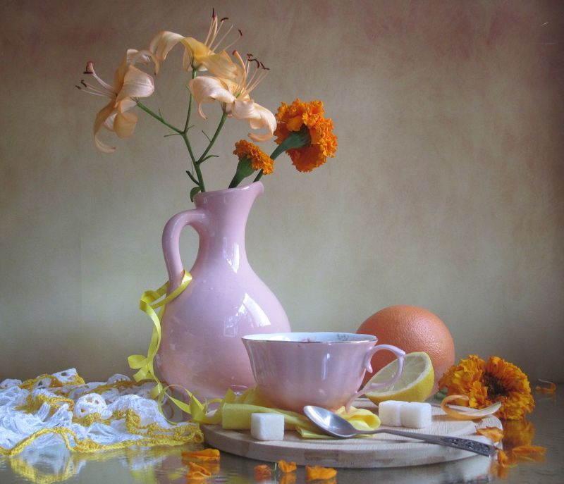 цветы, букет, лилия, бархатцы Нежное утроphoto preview