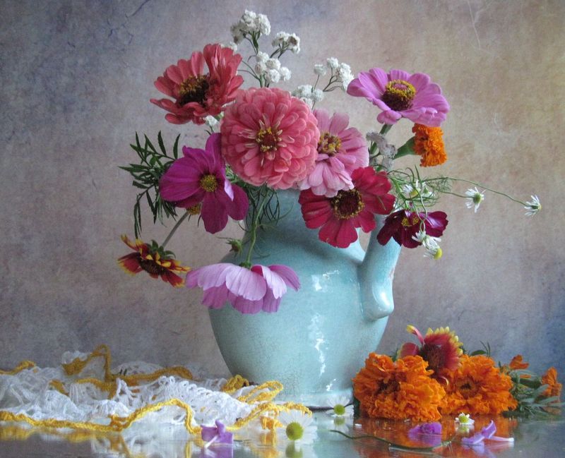 цветы, букет, циннии, космея, гипсофила, бархатцы, ромашки Июльский букетикphoto preview