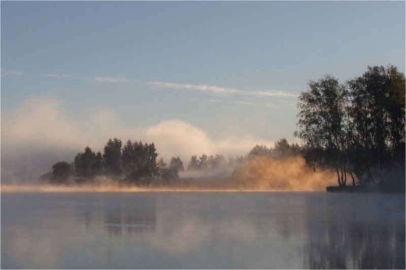 Лето, Озеро, Природа, Рассвет, Туман Солнечный огоньphoto preview